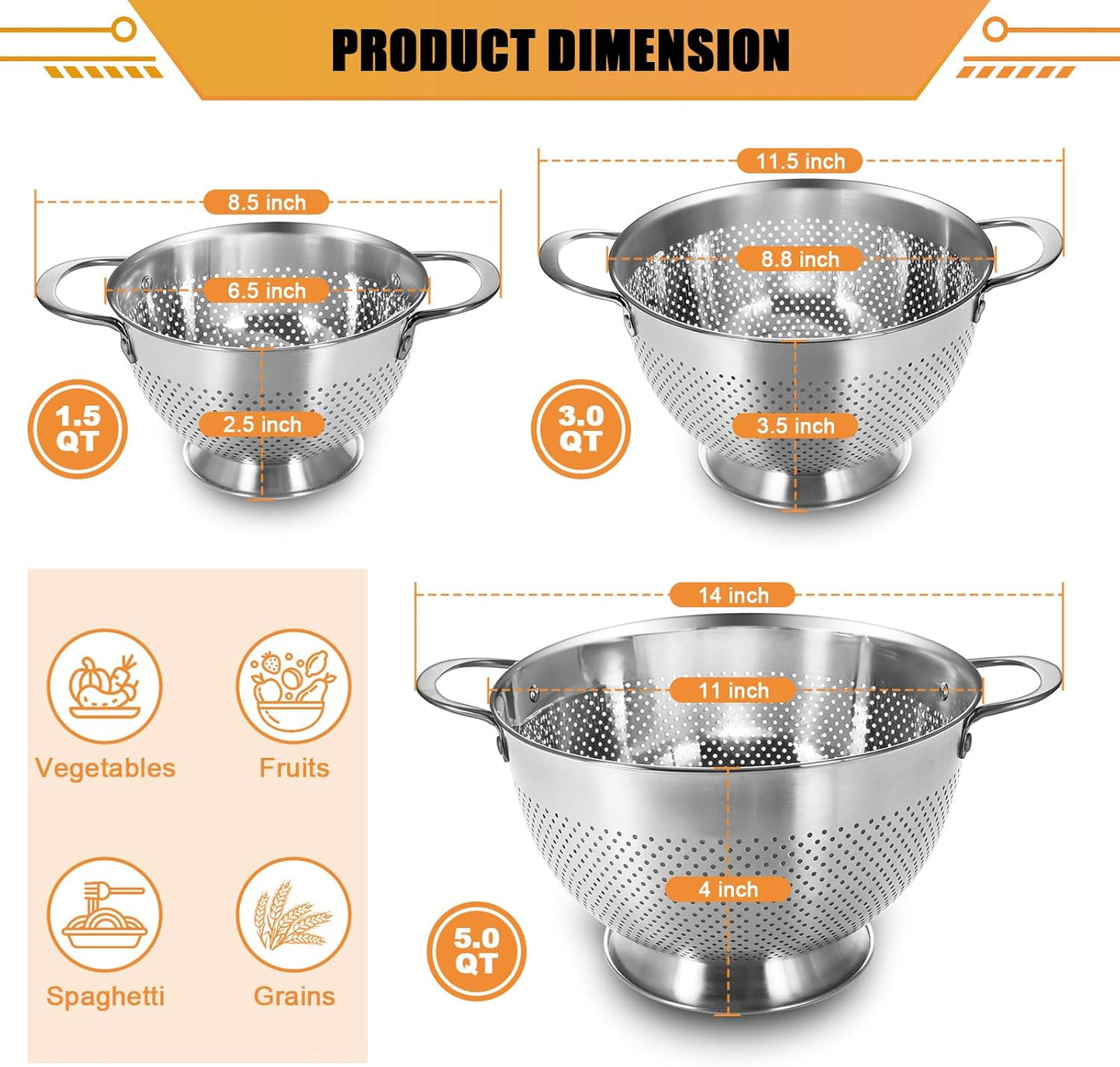 Stainless Steel Colander Set by [Brand Name] - Durable Rice & Pasta Strainers | Nesting Design, Rust-Resistant, Dishwasher Safe | 1.5, 3, & 5 Quart
