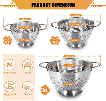 Stainless Steel Colander Set by [Brand Name] - Durable Rice & Pasta Strainers | Nesting Design, Rust-Resistant, Dishwasher Safe | 1.5, 3, & 5 Quart