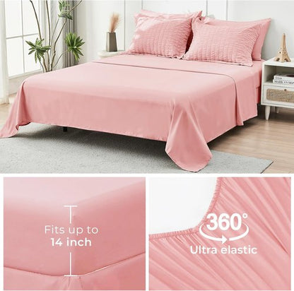 HYMOKEGE Comforter Set - Luxury Rose Pink 7-Piece Bedding Set for All Seasons | Full Size with Sheets & Pillowcases