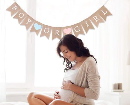 Regine Switzerland Burlap Gender Reveal Banner - Rustic Boy or Girl Baby Shower Decor