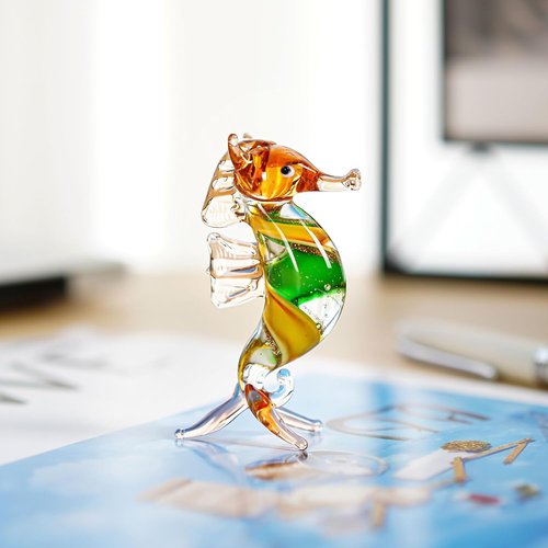 HDCRYSTALGIFTS Seahorse Art Glass Figurine - Handmade 3'' Miniature Ocean Decor Collectible