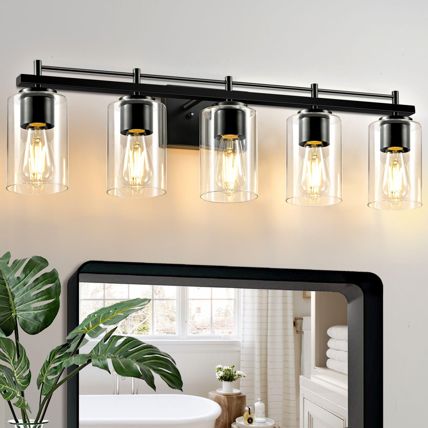 5-Light Modern Bathroom Light Fixtures: Black Vanity Light with Clear Glass Shade, Bath Vintage Wall Mounted Lamps for Mirror