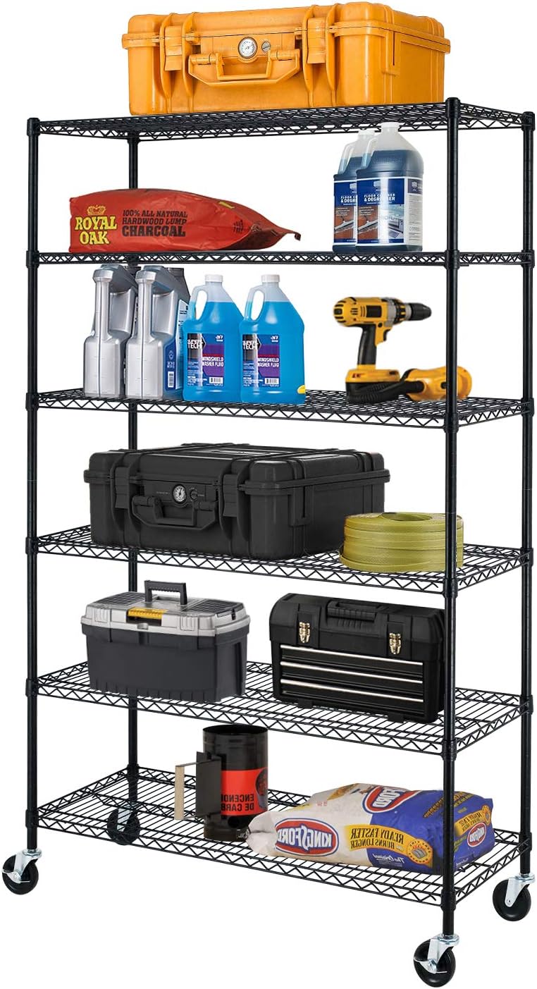 BestOffice 6-Tier Wire Storage Shelves with Wheels - Heavy-Duty Metal, Adjustable, 18x48x78, Black | Easy No-Tool Assembly, Holds Up to 600 lbs