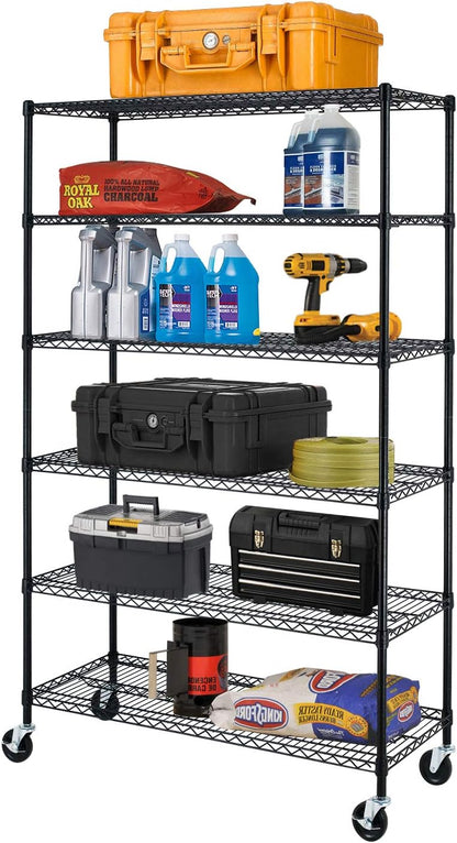 BestOffice 6-Tier Wire Storage Shelves with Wheels - Heavy-Duty Metal, Adjustable, 18x48x78, Black | Easy No-Tool Assembly, Holds Up to 600 lbs