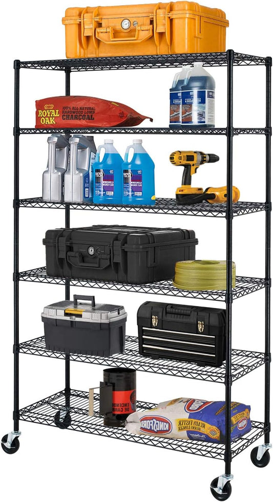 BestOffice 6-Tier Wire Storage Shelves with Wheels - Heavy-Duty Metal, Adjustable, 18x48x78, Black | Easy No-Tool Assembly, Holds Up to 600 lbs