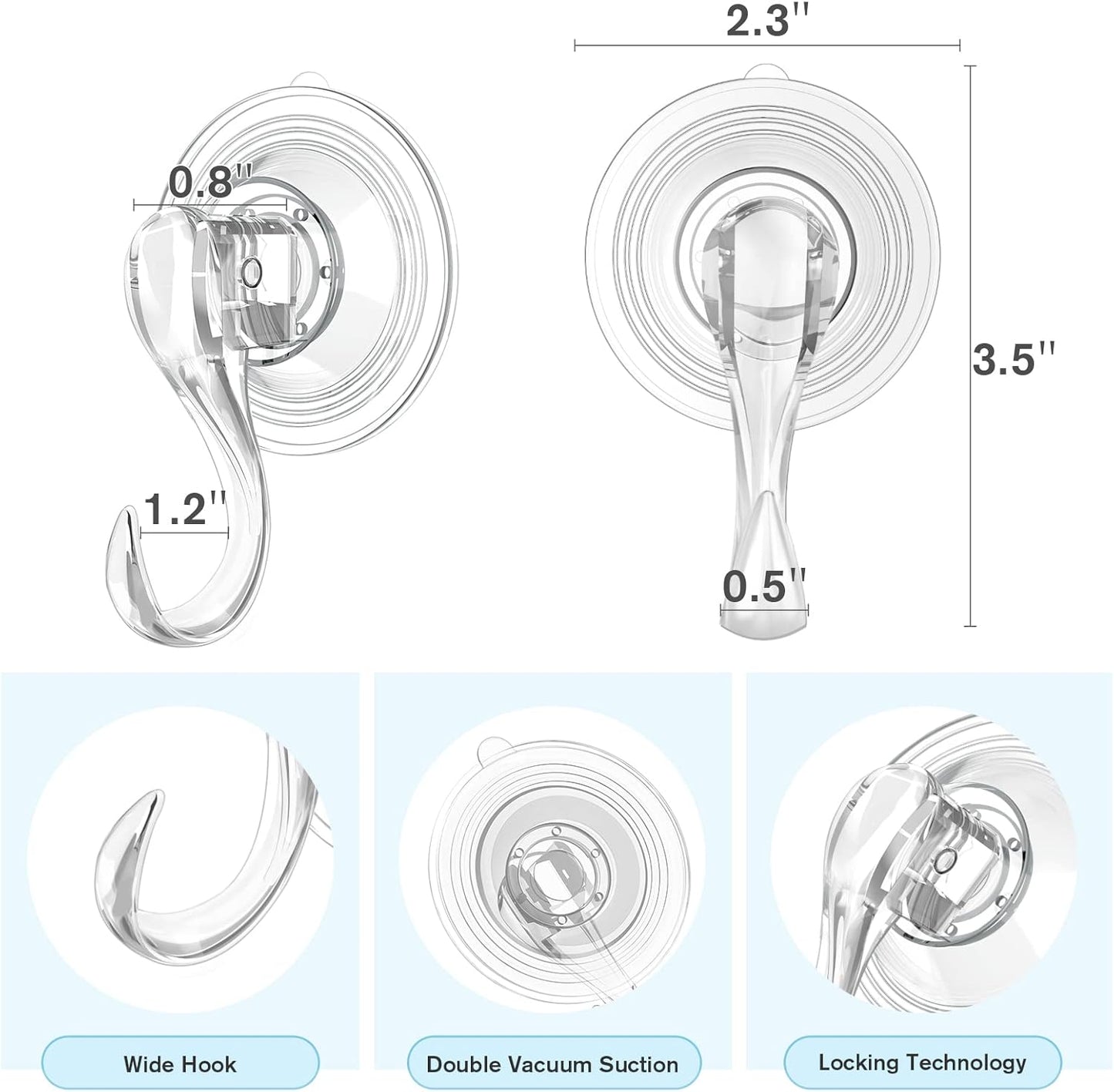 VIS'V Suction Cup Hooks - Heavy Duty Removable Shower Hooks | Clear, 2 Pcs with Wipes