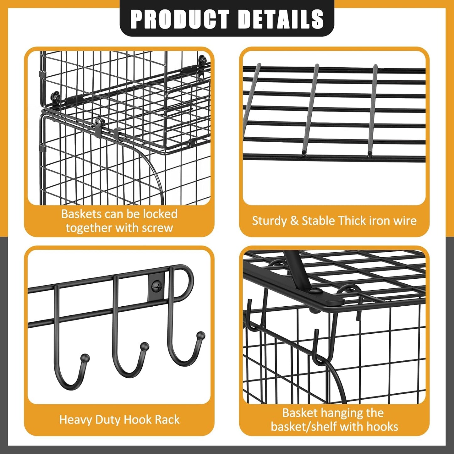 ThreeHio Garage Shelves - Heavy Duty Wall Mounted Storage with Wire Baskets & Hooks | 2 Pack