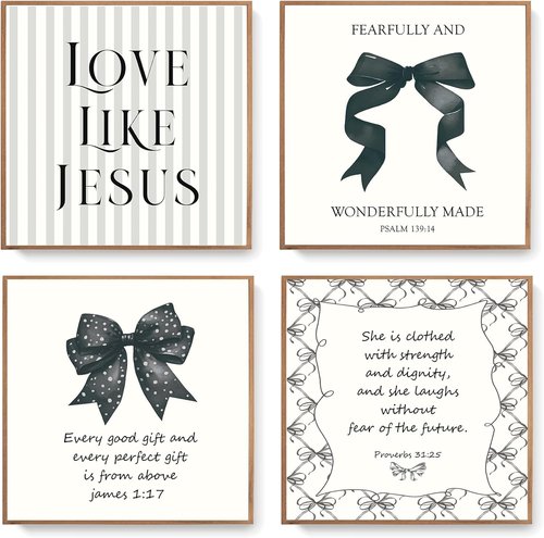 LARTSFRO Coquette Black Bow Wall Art - Inspirational Christian Decor for Teen Girls | Set of 4 Unframed 10x10 Inch Prints