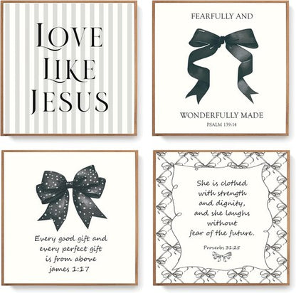 LARTSFRO Coquette Black Bow Wall Art - Inspirational Christian Decor for Teen Girls | Set of 4 Unframed 10x10 Inch Prints