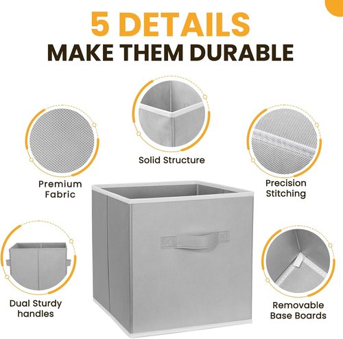Criusia Large Storage Cubes - Set of 10 Collapsible Fabric Bins with Dual Handles | Grey 13x13 Baskets