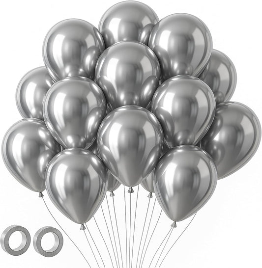 Voircoloria 105pcs Metallic Silver Balloons - 12 Inch Latex Party Decorations for Birthdays & Weddings