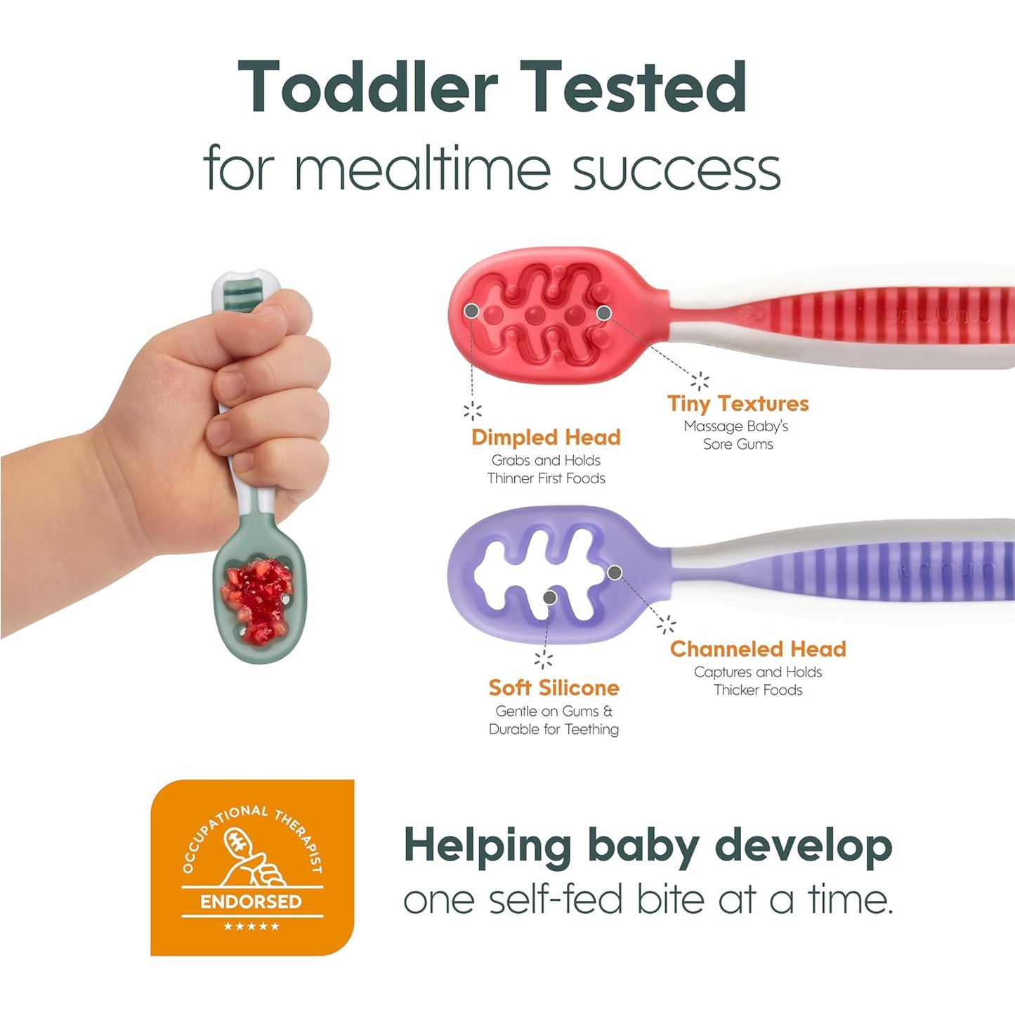NumNum Baby Spoons Set - Silicone Pre-Spoon GOOtensils for Baby Led Weaning | 2 Teething Spoons + Travel Case, Blue/Navy