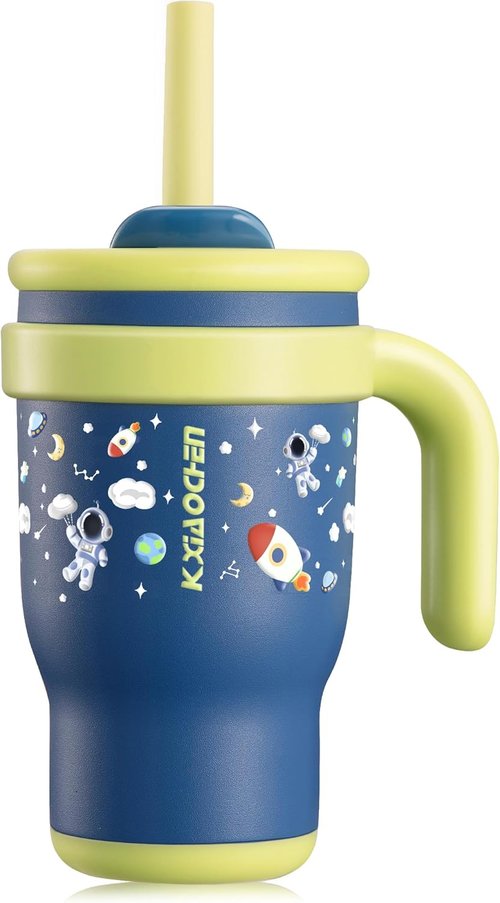 KXIAOCHEN Toddler Tumbler - Spill-Proof 14 Oz Insulated Stainless Steel | Keeps Drinks Cold 24 Hrs - Navy Blue Spaceman