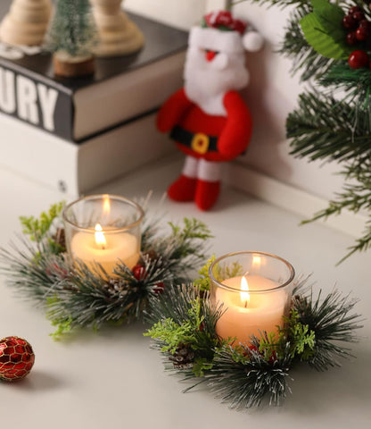 Regine Switzerland Christmas Candle Ring Set - 4 Pcs Votive Candles with Red Berry & Pinecone | Holiday Table Centerpiece Decor