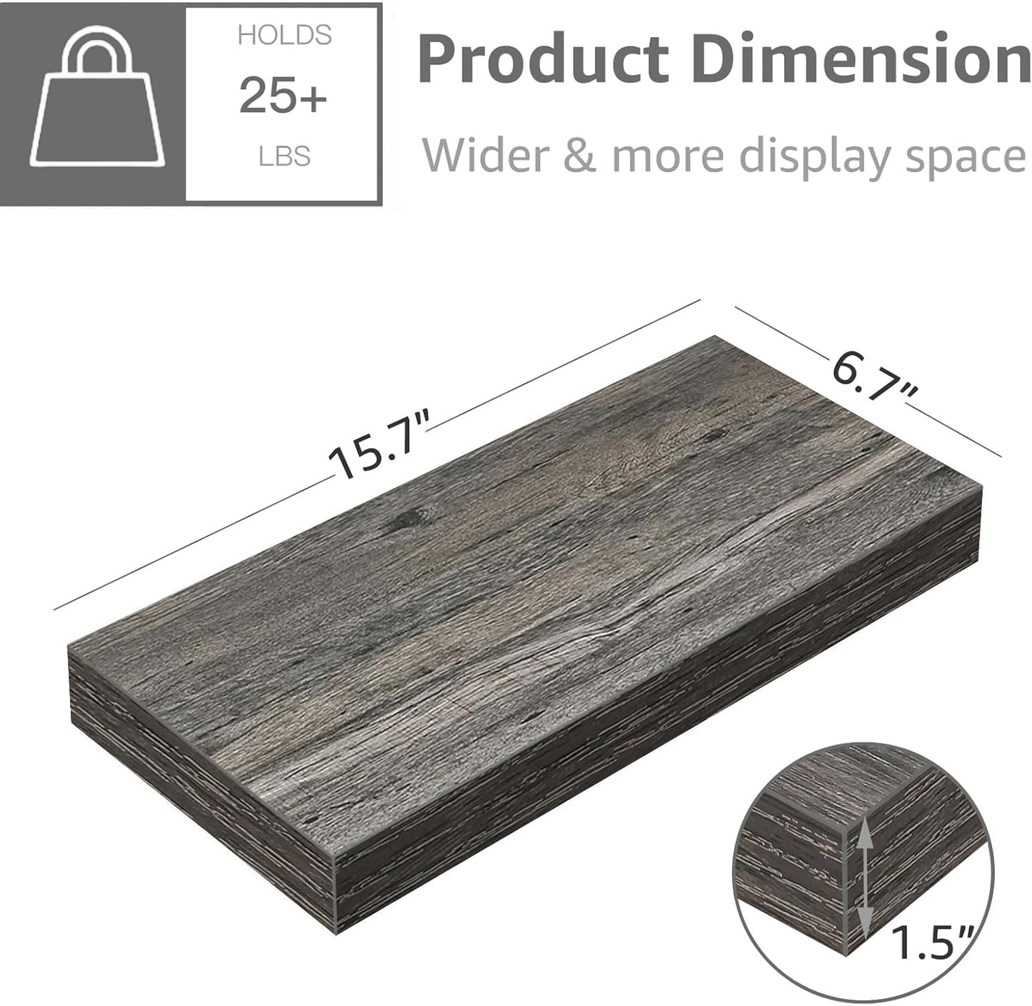 QEEIG Floating Shelves - Stylish Wall Storage for Bathroom, Bedroom & Kitchen - Set of 3, 16 Inch, Grey