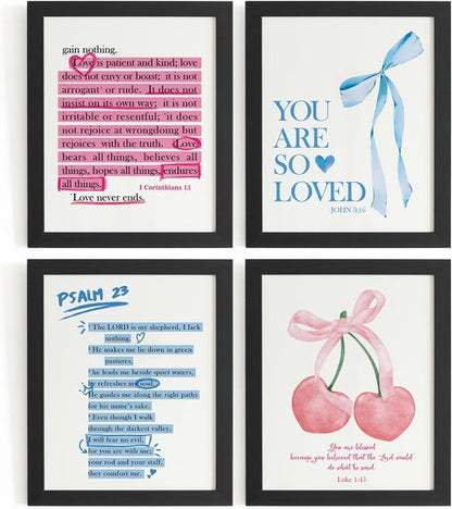 DSHFG Christian Wall Art - Trendy Pink & Blue Cherry Bow Decor | Set of 4 Bible Verse Prints 8x10