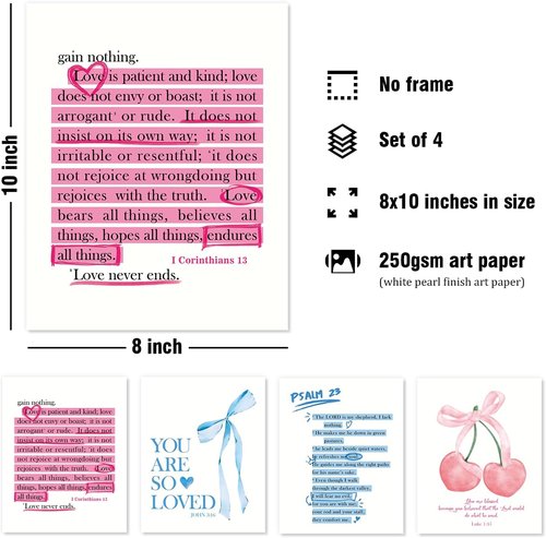 DSHFG Christian Wall Art - Trendy Pink & Blue Cherry Bow Decor | Set of 4 Bible Verse Prints 8x10