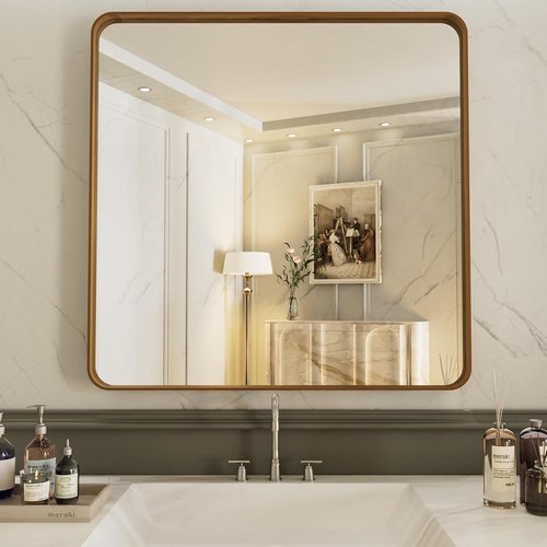 LOAAO Bathroom Mirror - 38x38 Inch Rounded Rectangle with Wood Grain Metal Frame | Anti-Rust, Versatile Hanging Options