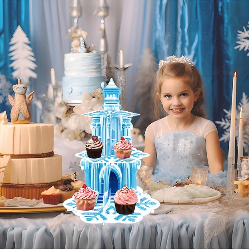 Frozen Birthday Cupcake Stand 3-Tier with Ice Castle & Snowflakes - Blue Snowflake Variation