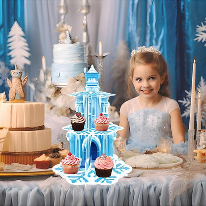 Frozen Birthday Cupcake Stand 3-Tier with Ice Castle & Snowflakes - Blue Snowflake Variation
