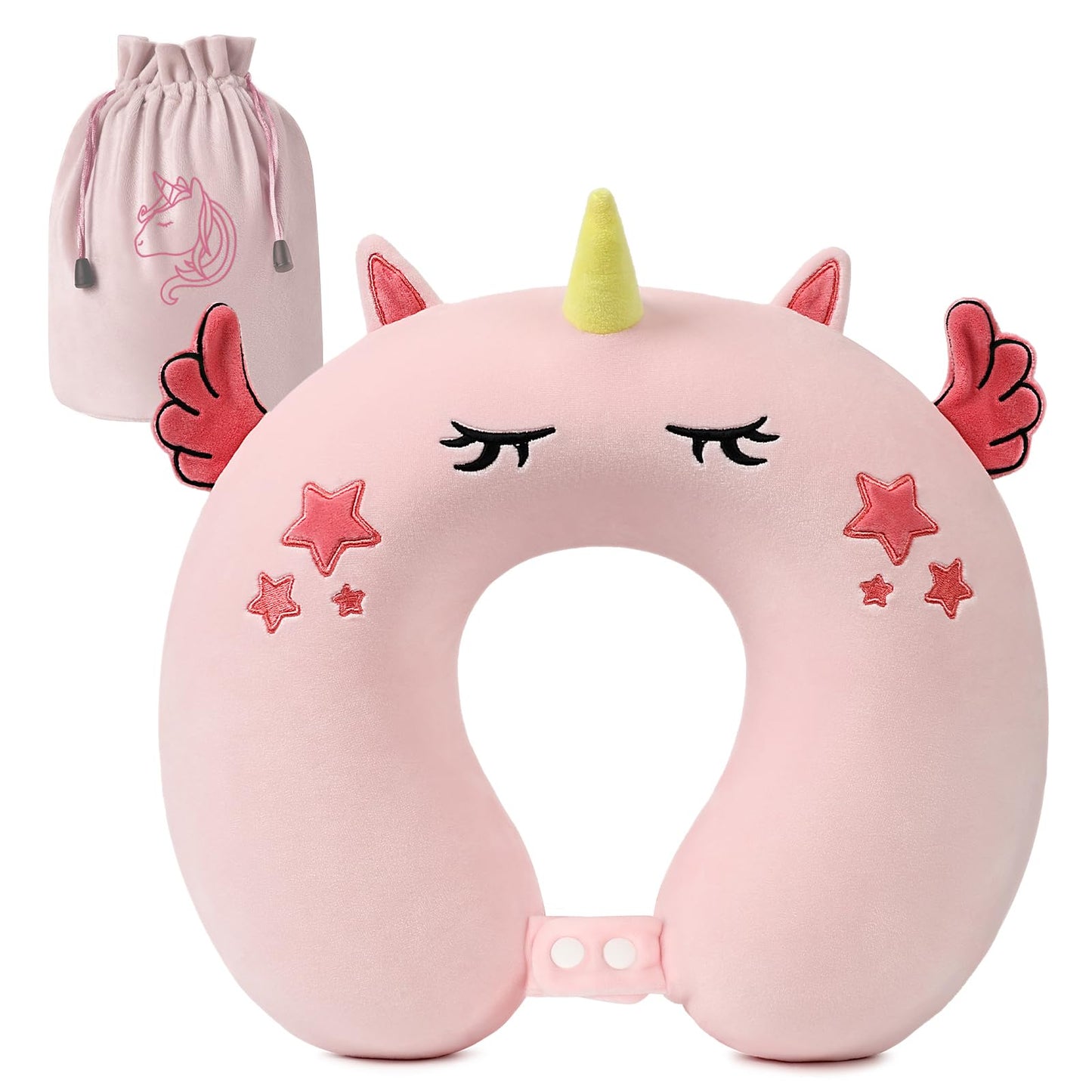 urnexttour Kids Travel Pillow, Cute Unicorn Memory Foam Neck Pillow with Travel Bag, Soft Adjustable Airplane Pillow for Chin Support, Headrest and Sleeping - Pink