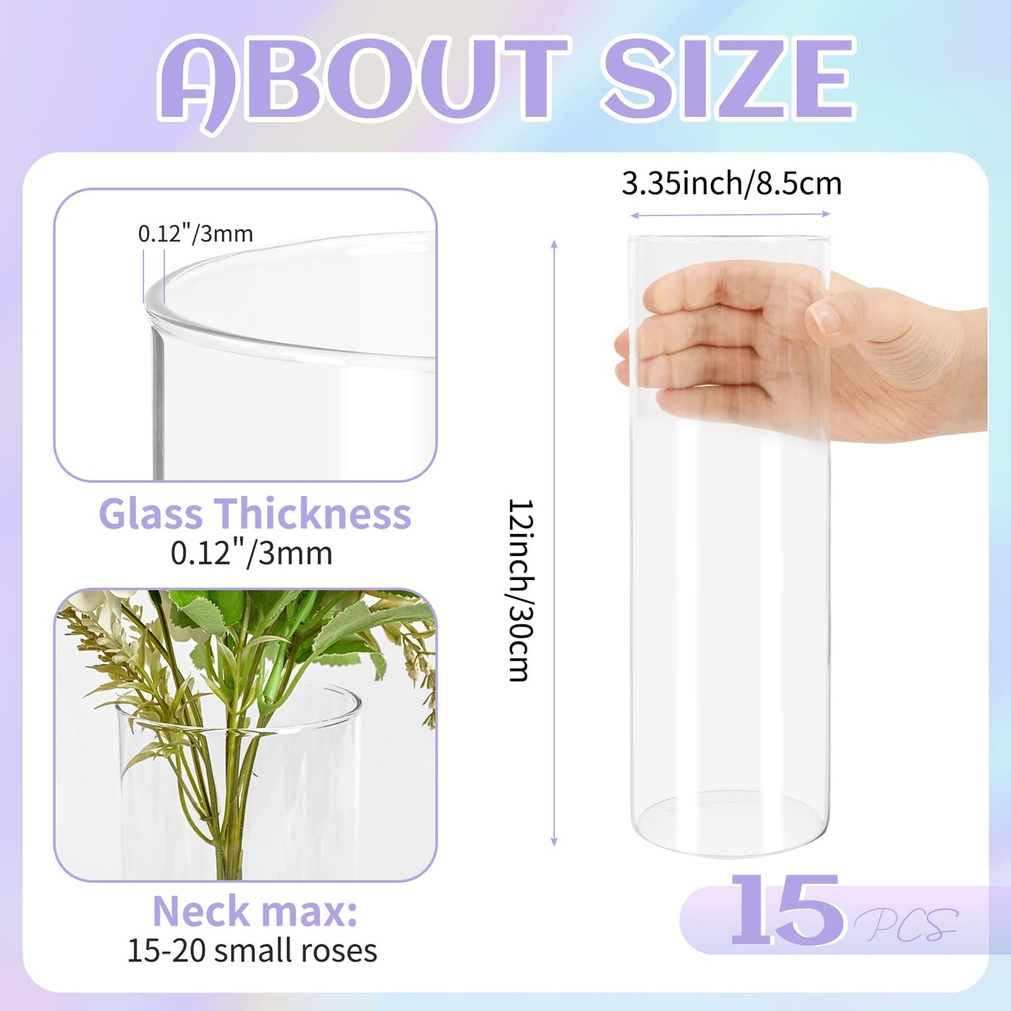 15Pack Glass Cylinder Vases for Centerpieces 12 Inch Tall Clear Flower Vases, Glass Hurricane Candle Holder Wedding Decorations, Modern Floating Candle Vase for Party Home Decor(3.35 x 12 Inch)