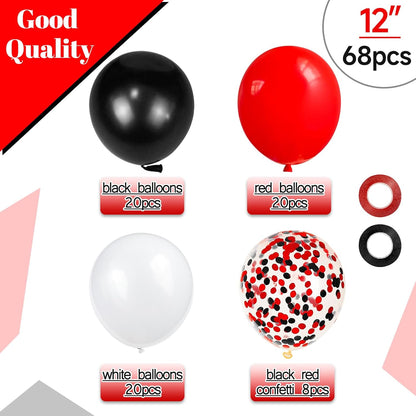 Regine Switzerland 68Pcs Latex Balloons - Red, Black & White with Confetti for Birthday, Wedding & Graduation