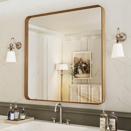 LOAAO Bathroom Mirror - 36x36 Inch Rounded Rectangle with Wood Grain Metal Frame | Anti-Rust, Versatile Hanging Options
