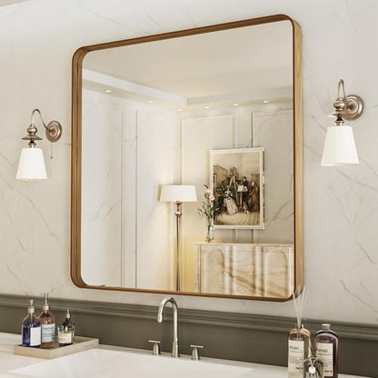 LOAAO Bathroom Mirror - 36x36 Inch Rounded Rectangle with Wood Grain Metal Frame | Anti-Rust, Versatile Hanging Options