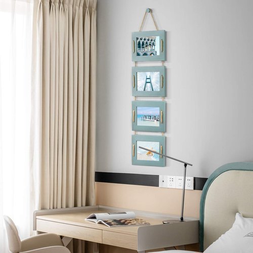 DLQuarts 5x7 Hanging Collage Picture Frames Wall Decor, 4-Opening 5x7 Matted to 3.5x5 Photo Rustic Wood Frame with Hemp Rope, 2 Pack, Ocean Blue