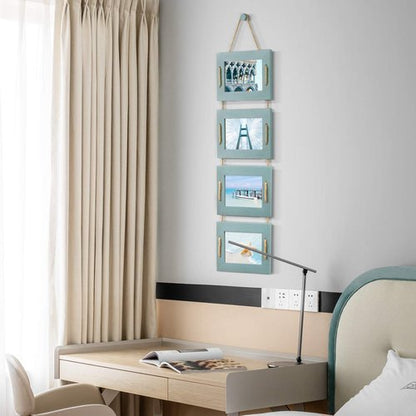 DLQuarts 5x7 Hanging Collage Picture Frames Wall Decor, 4-Opening 5x7 Matted to 3.5x5 Photo Rustic Wood Frame with Hemp Rope, 2 Pack, Ocean Blue