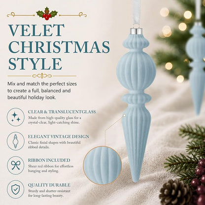 Blue Velvet Christmas Ornament 10-Piece Set - 5.71in Matte/Glitter/Flocked Design, Neutral Holiday Decor (Variation: Blue+10)