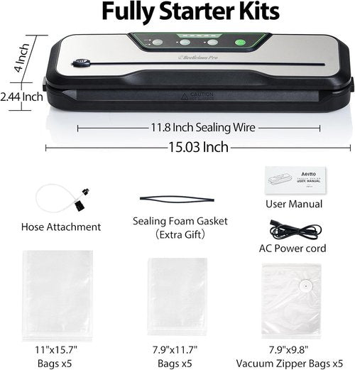 Automatic Food Vacuum Sealer Machine | Beelicious Pro 80KPa 8-In-1 Food Vacuum Saver with Starter Kits | 15 Bags, Pulse Function, Moist&Dry Mode and External VAC for Jars and Containers