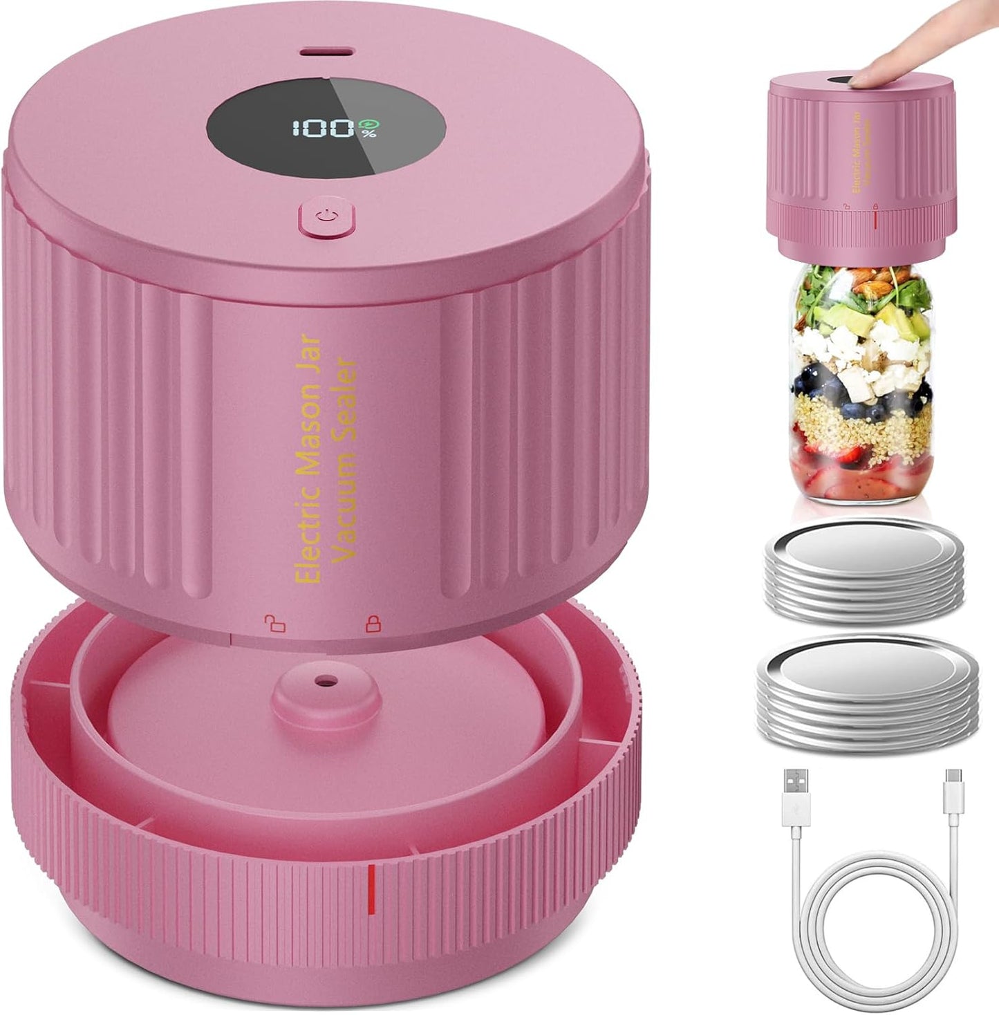 Skiennix Electric Mason Jar Vacuum Sealer Kit - Ideal for Wide & Regular Mouth Jars - Pink