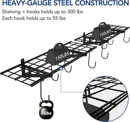 FLEXIMOUNTS Garage Wall Shelving - 2-Pack 1x3 Ft | Includes 8 Bike Hooks & 300 Lbs Capacity
