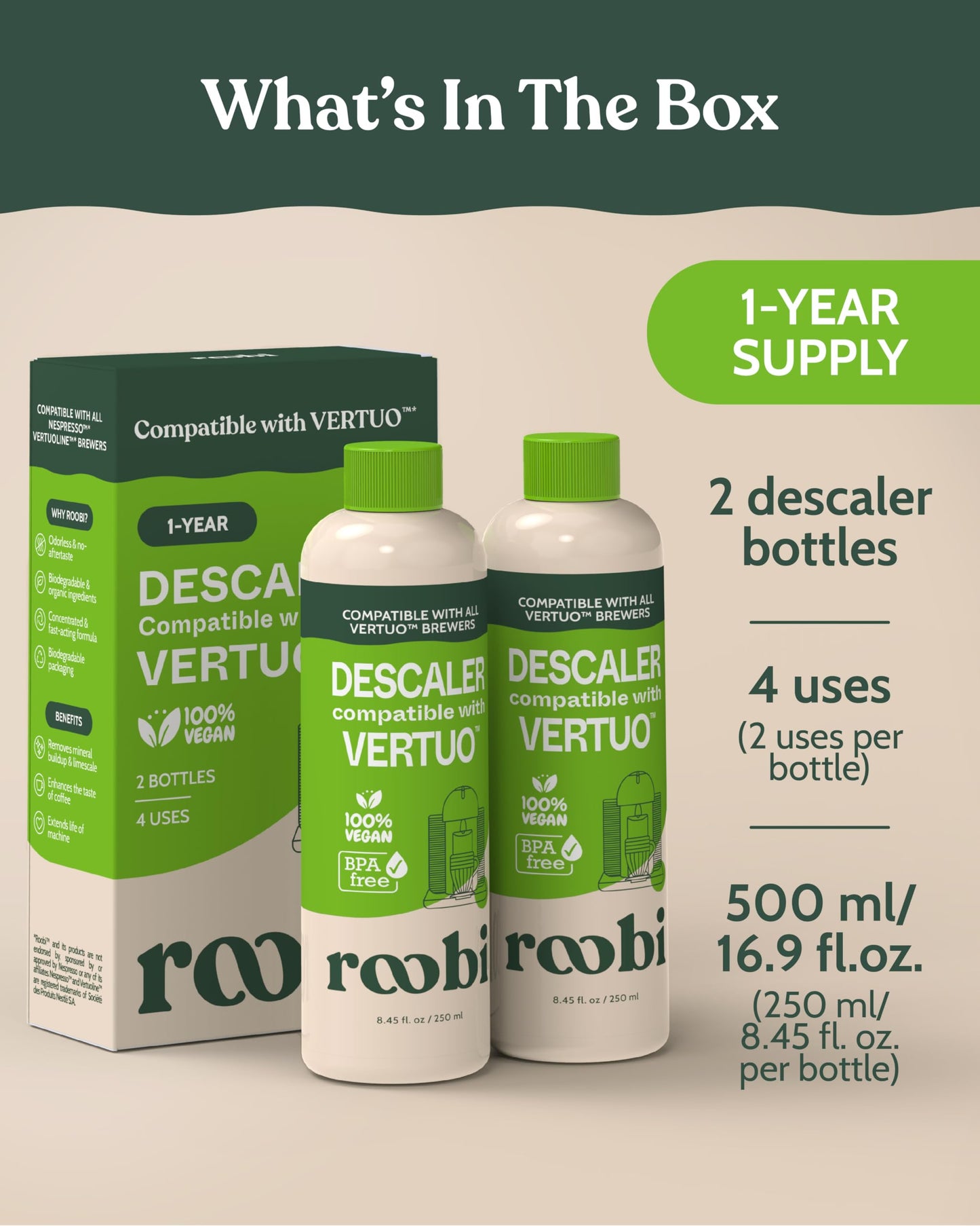 Nespresso Vertuo Compatible Descaling Solution. Eco-Friendly Formula to Clean & Descale Your Nespresso Vertuoline Machine. 2 Uses per Bottle, 2 Pack. Carbon Neutral Vertuo Descaling Kit.