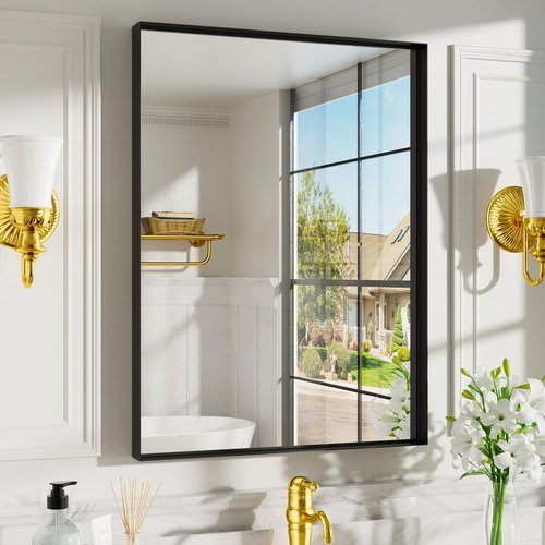Dimelax Black Vanity Wall Mirror, 22x 30 Inch Rectangular Bathroom Mirrors for Over Sink, Aluminum Metal Framed Mirror, Tempered Glass, Anti-Rust, Wall Farmhouse Mirrors (Horizontal/Vertical)