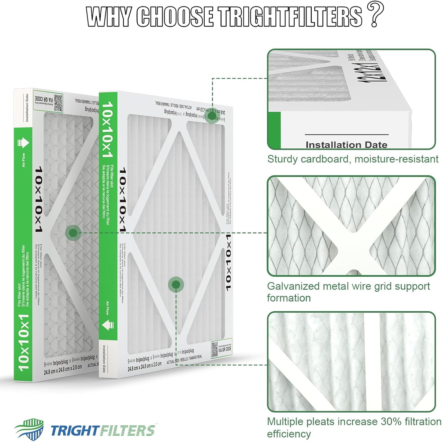 TRIGHTFILTERS 10x10x1 Air Filter - Durable MERV 8 Pleated HVAC & AC Furnace Filters | 6 Pack