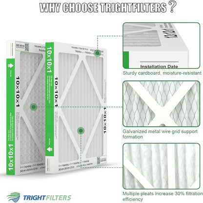 TRIGHTFILTERS 10x10x1 Air Filter - Durable MERV 8 Pleated HVAC & AC Furnace Filters | 6 Pack
