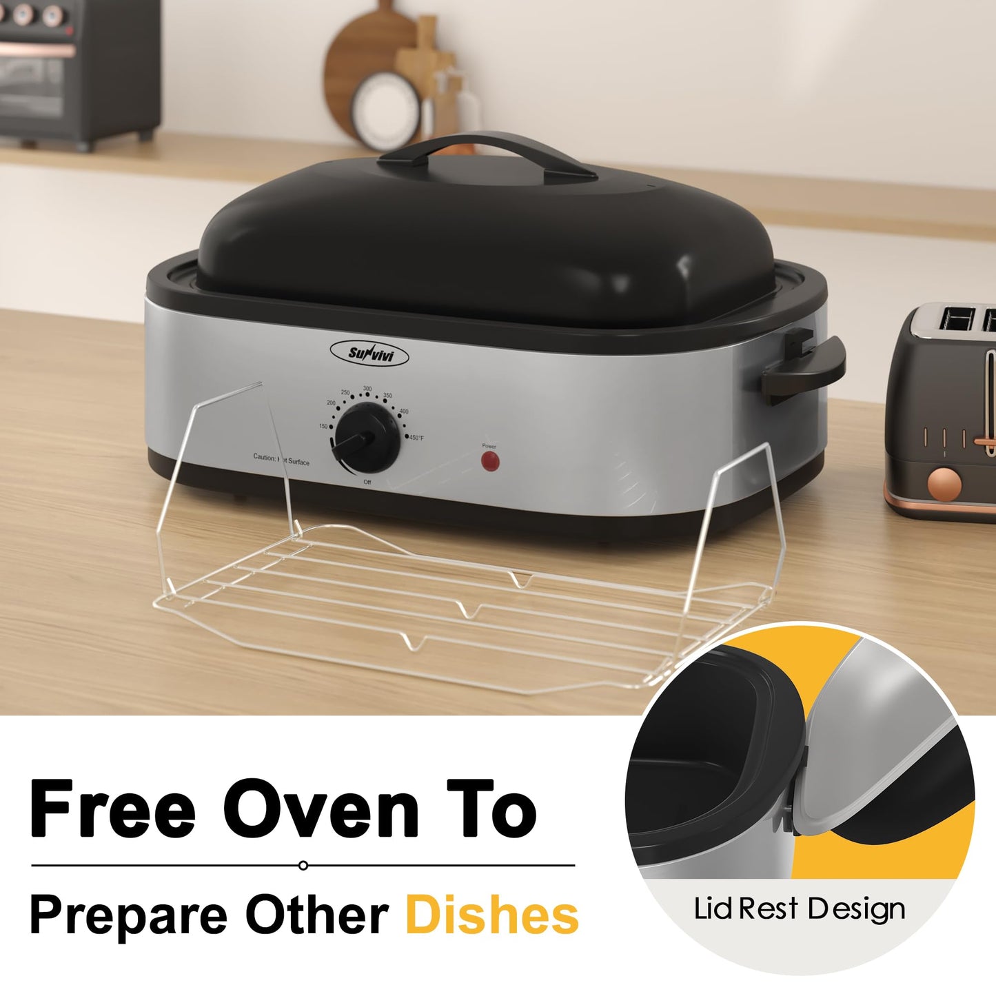 SUNVIVIPRO 14-Quart Electric Roaster Oven with Self-Basting Lid, Turkey Roaster Oven with Removable Pan and Rack, Stainless Steel, Sliver, 14 QT