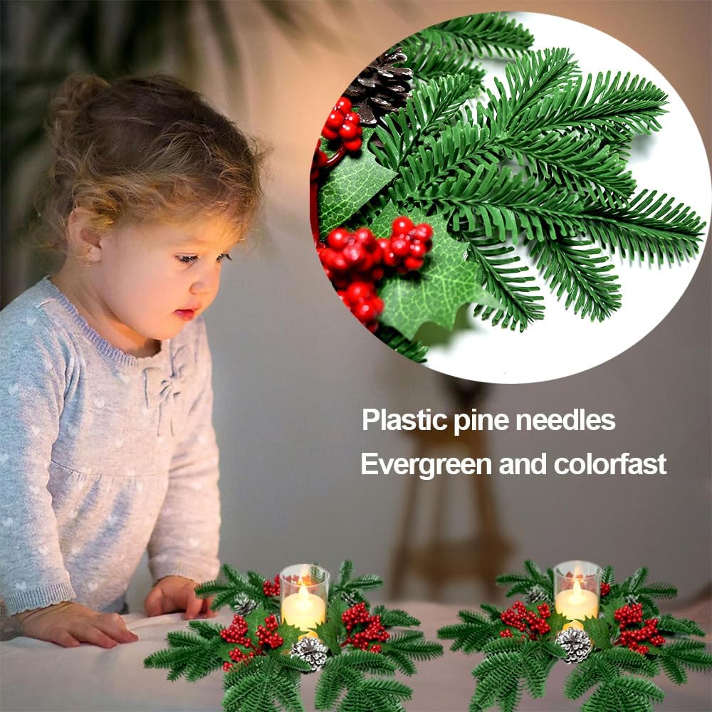 Skiennix Christmas Small Wreaths - 3Pcs 13.5-Inch Greenery Pine Candle Holder Rings for Home Decor