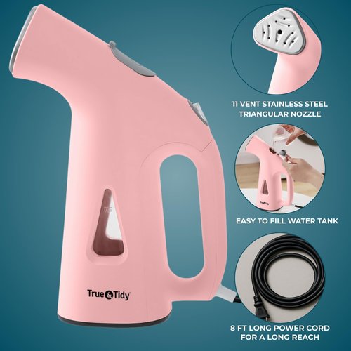 True & Tidy® Handheld Garment Steamer for Clothes with Water Cup Accessory, Portable Travel Steam Iron, Stainless Steel Plate up to 10 mins of Continuous Steam, 800 Watts, Pink