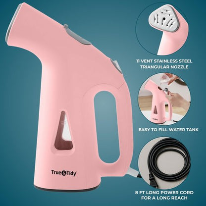 True & Tidy® Handheld Garment Steamer for Clothes with Water Cup Accessory, Portable Travel Steam Iron, Stainless Steel Plate up to 10 mins of Continuous Steam, 800 Watts, Pink