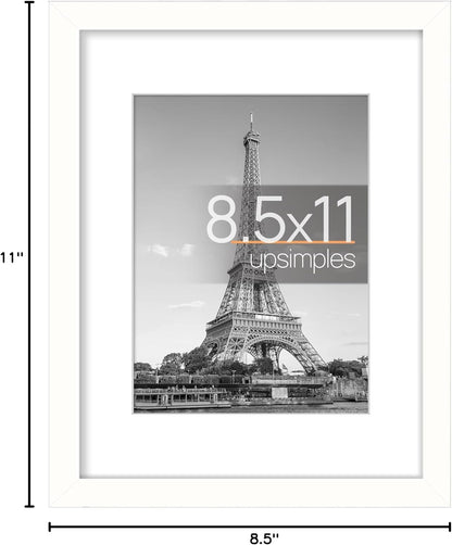Upsimples Picture Frame - 8.5 x 11 Inch Display for 6x8 Photos with Mat | Elegant White, 1 Pack