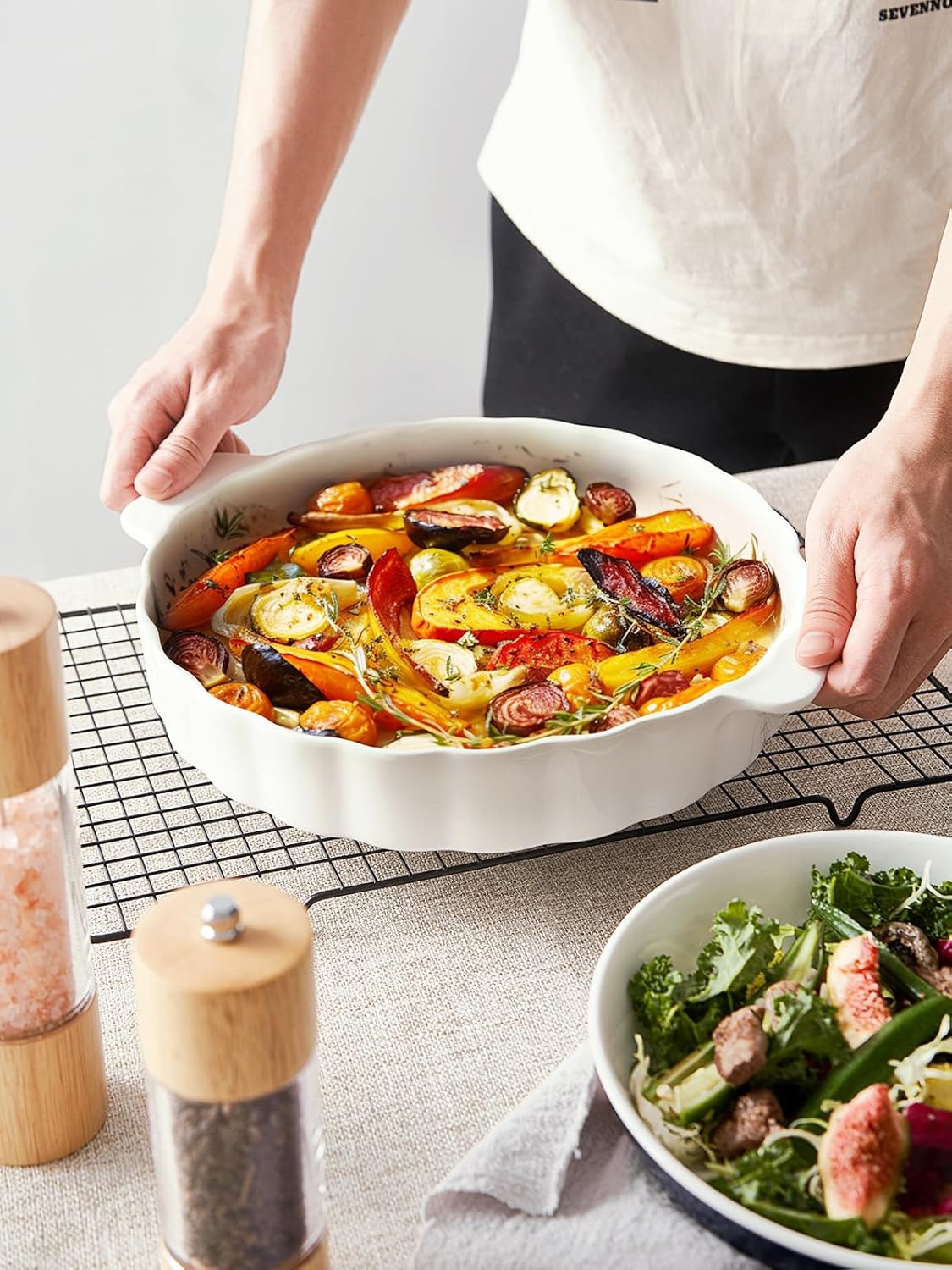 Samsle Ceramic Pie Pan - 13-Inch Round Baking Dish with Double Handles & Ruffled Edge | Oven Safe