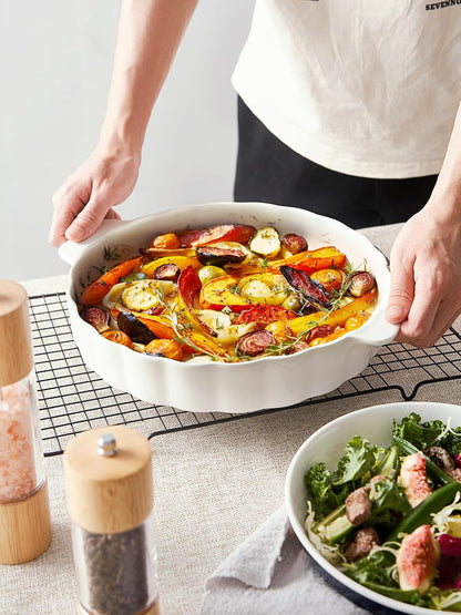 Samsle Ceramic Pie Pan - 13-Inch Round Baking Dish with Double Handles & Ruffled Edge | Oven Safe