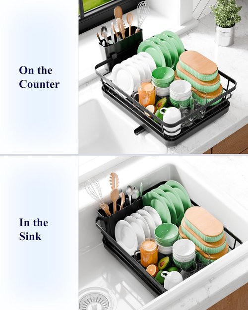 Kitsure Dish Drying Rack - Compact & Adjustable Rust-Proof Kitchen Rack with Utensil Holder | 14.5" x 12" x 4", Black
