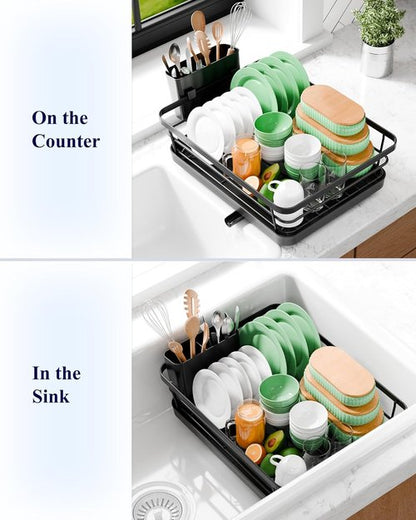 Kitsure Dish Drying Rack - Compact & Adjustable Rust-Proof Kitchen Rack with Utensil Holder | 14.5" x 12" x 4", Black