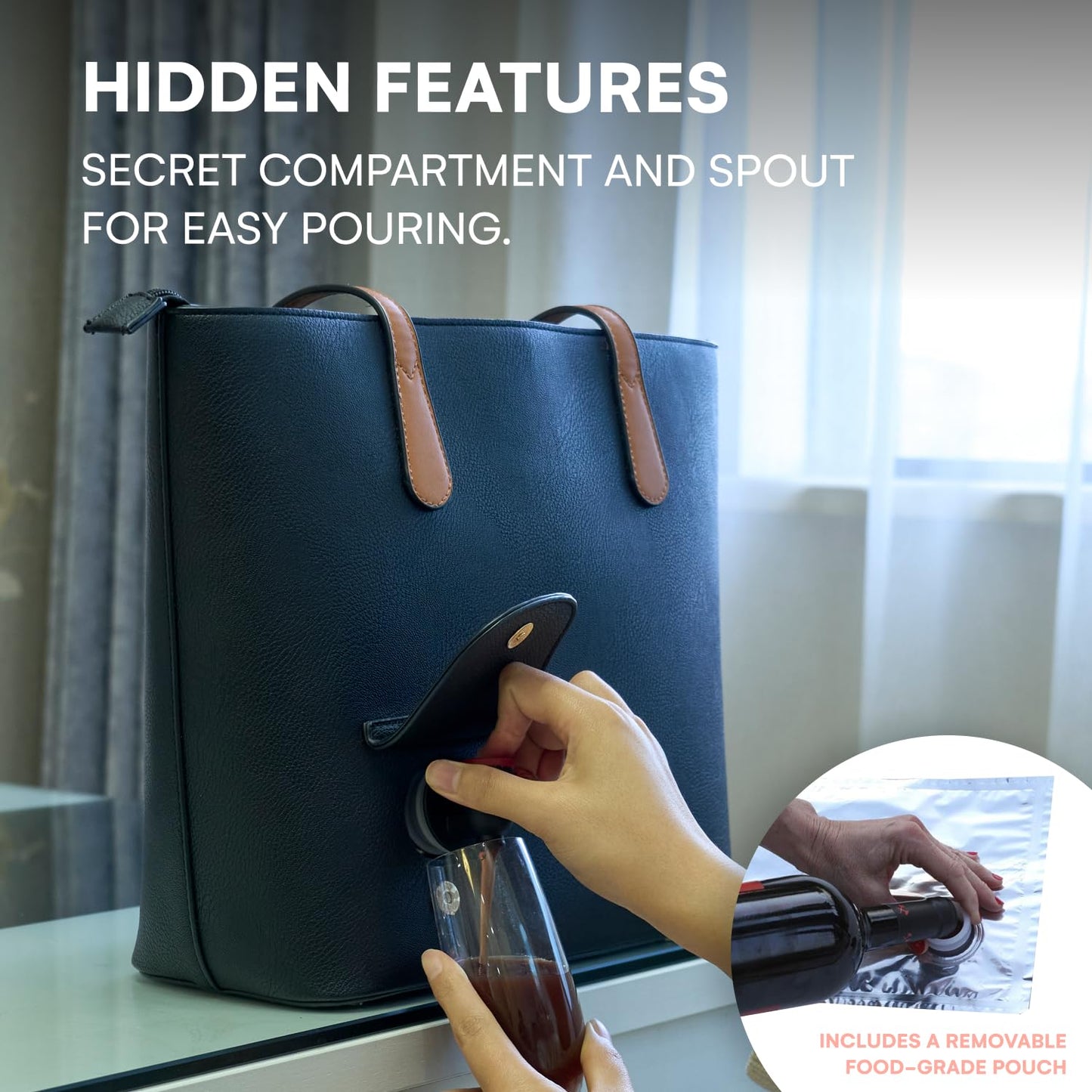 PortoVino Classic Tote Bag - Vegan Leather Wine Purse with Hidden Spout and Dispenser Flask for Wine Lovers that Holds and Pours 2 bottles of Wine! For Traveling, Concerts, Bachelorette Party - Black