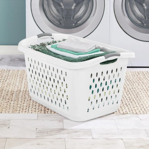 2.7 Bushel Plastic Laundry Basket, Portable Clothes Organizer with 2 Carry Handles, Oval Ventilation Holes, Large Capacity Laundry Basket for Closet Dorm Laundry Room Bedroom, BPA-free,White